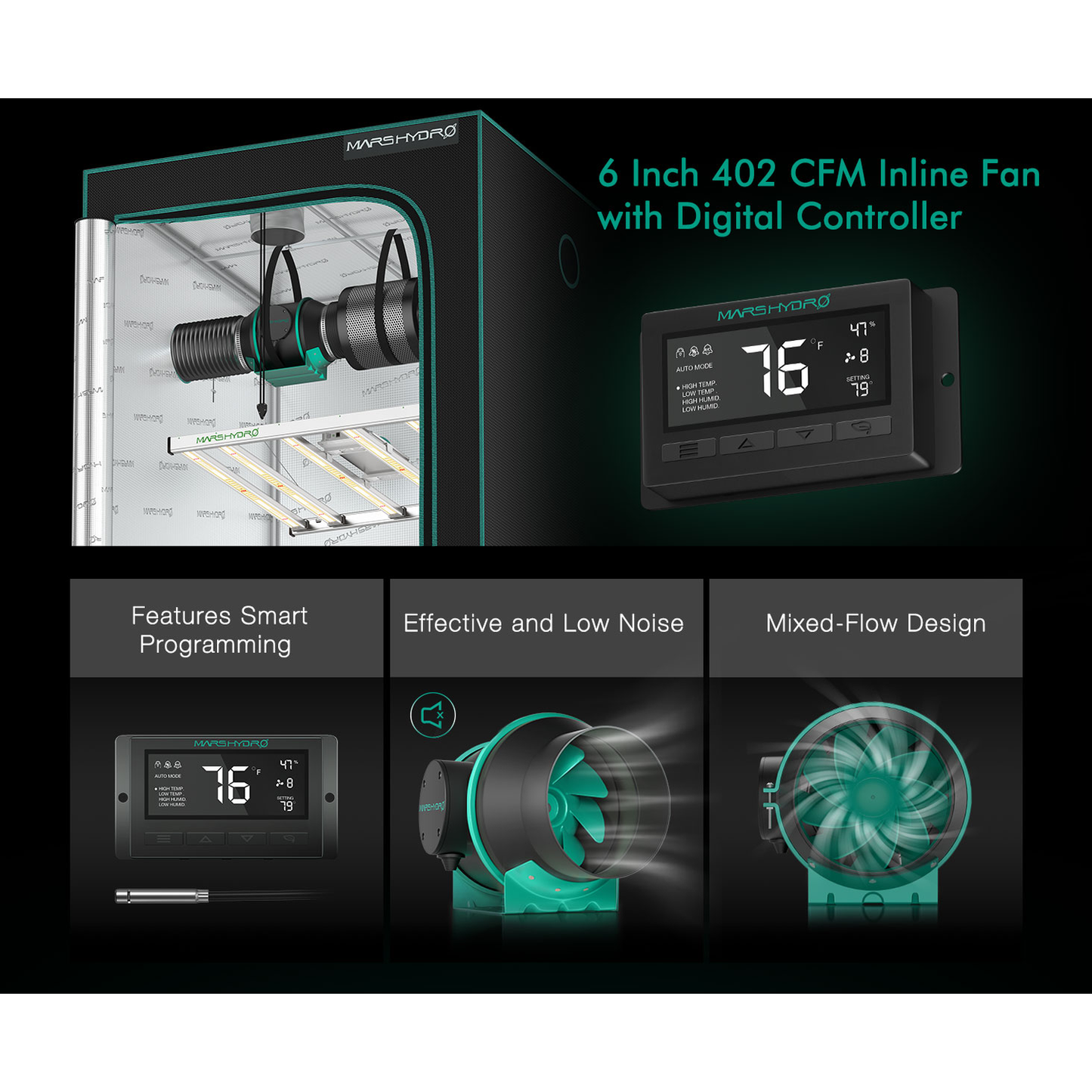 Mars Hydro 6" Inline Duct Fan with Temperature and Humidity Controller - Midwest Grow LLC