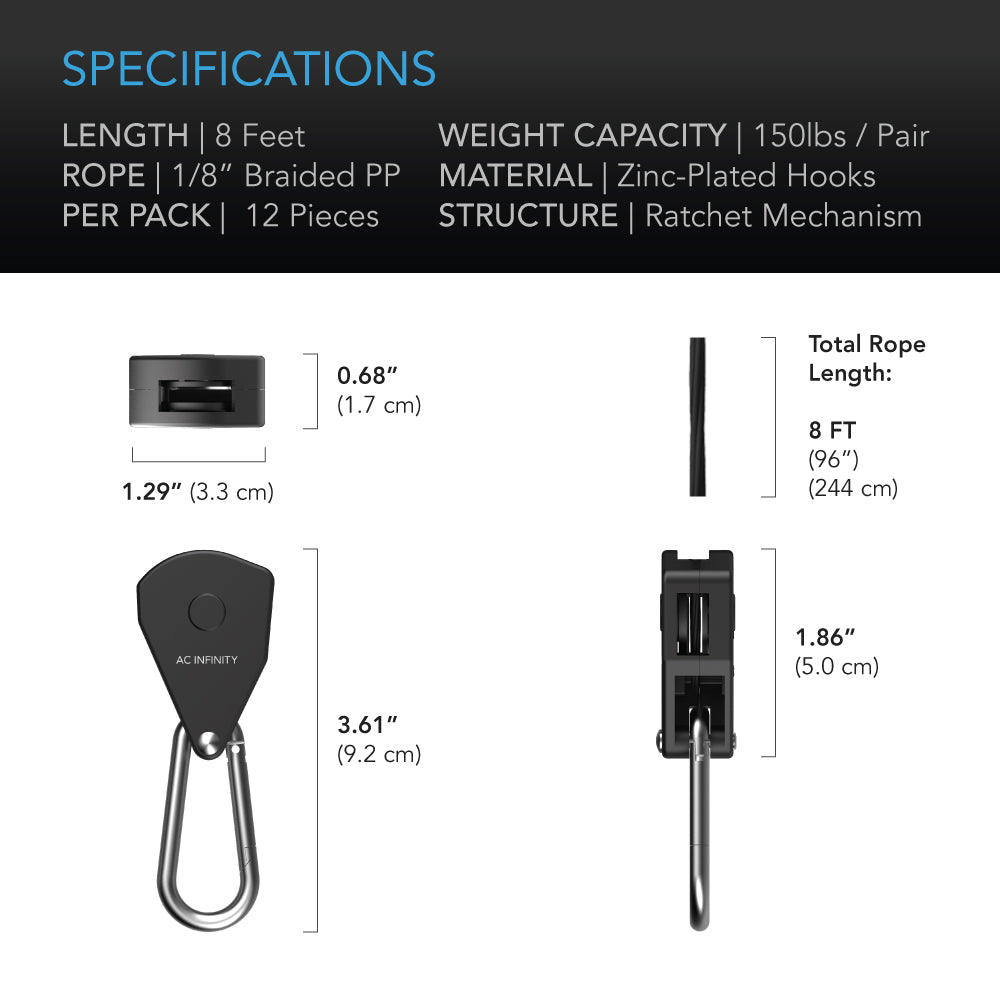 AC Infinity Heavy-Duty Adjustable Rope Clip Hanger, Six Pairs - Midwest Grow LLC