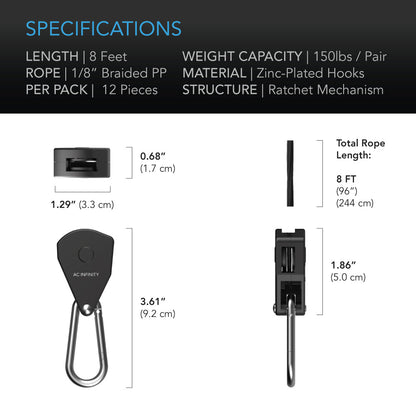 AC Infinity Heavy-Duty Adjustable Rope Clip Hanger, Six Pairs - Midwest Grow LLC