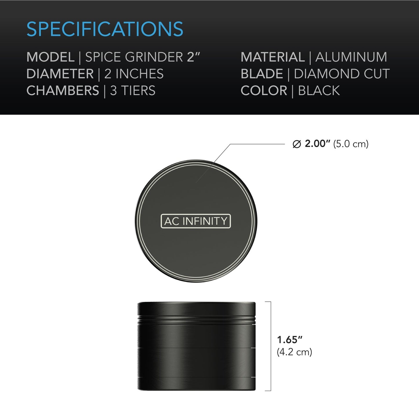 AC Infinity 3-Chamber Spice Grinder, Black, 2-Inch - Midwest Grow LLC