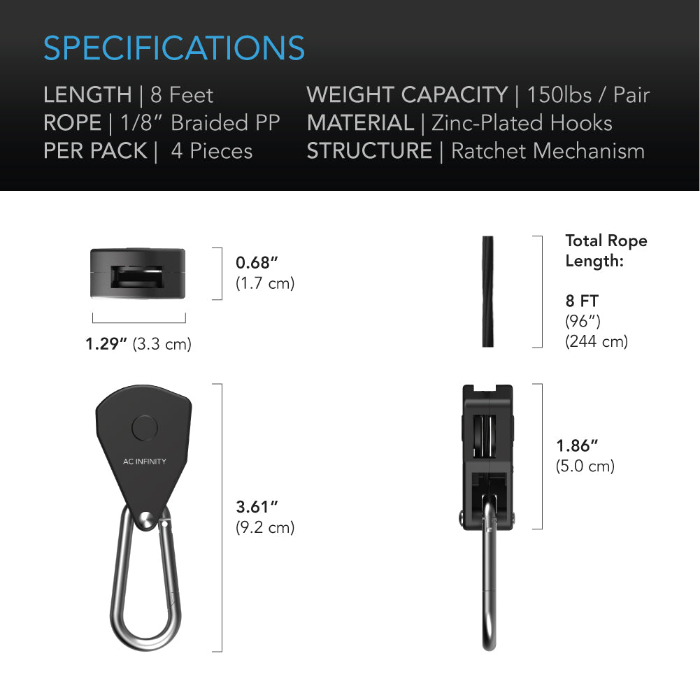 AC Infinity Heavy-Duty Adjustable Rope Clip Hanger, Two Pairs - Midwest Grow LLC