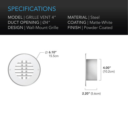 AC Infinity Wall Mount Duct Grille Vent, White Steel, 4-Inch