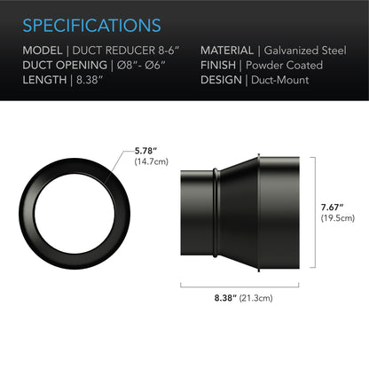 AC Infinity Duct Reducer, 8-Inch to 6-Inch Adapter Cone, Galvanized Steel - Midwest Grow LLC