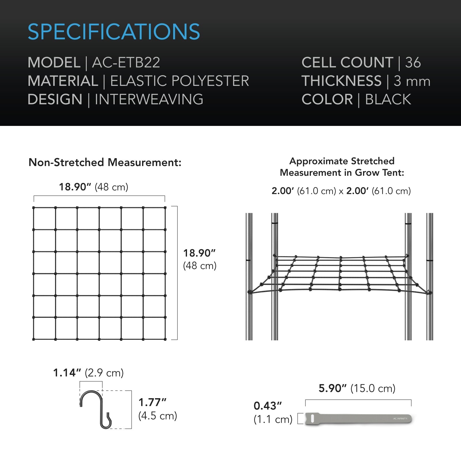 AC Infinity Grow Tent Trellis Netting, Flexible Elastic Cords, 2x2' - Midwest Grow LLC