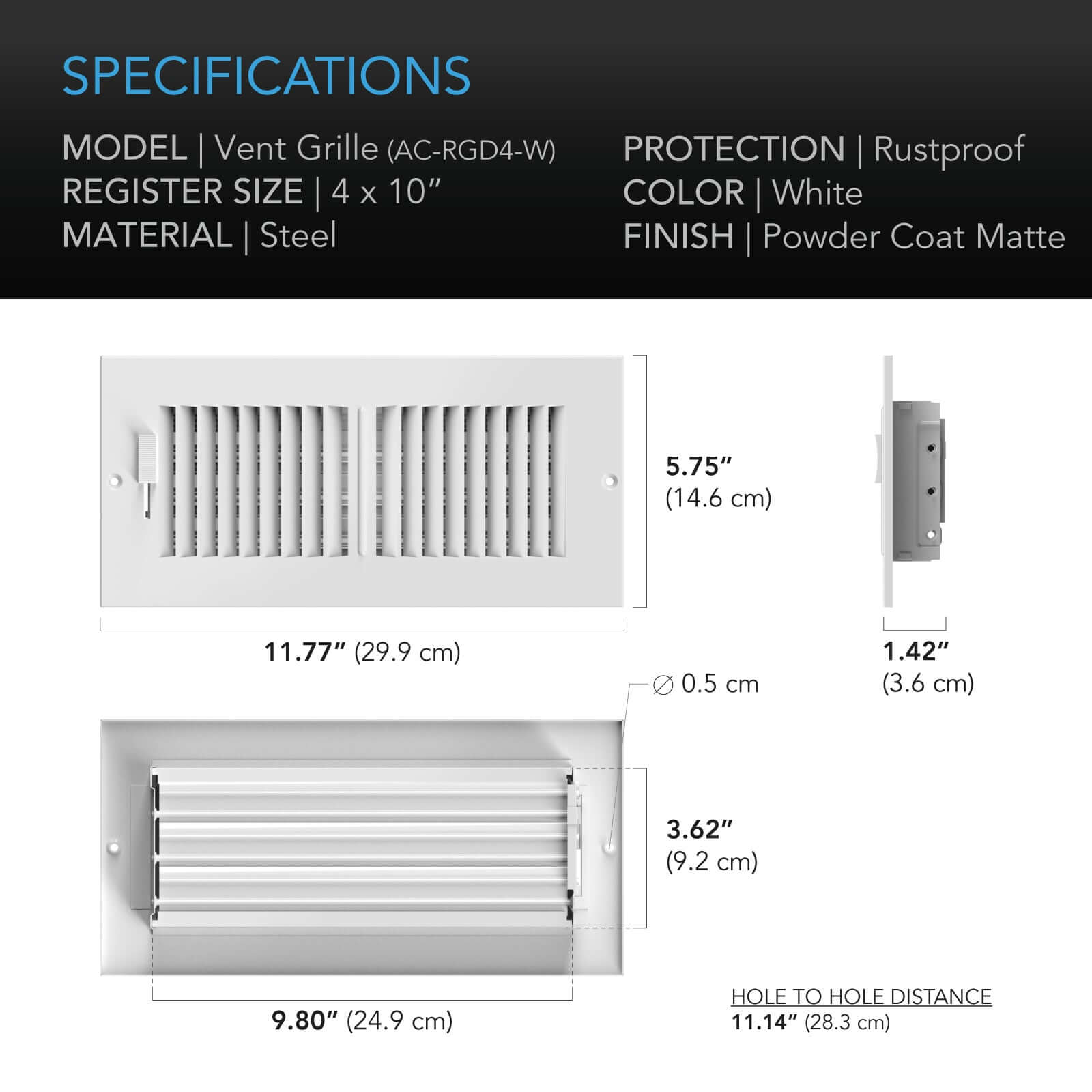 AC Infinity Register Ventilation Grille 4" x 10", White - Midwest Grow LLC