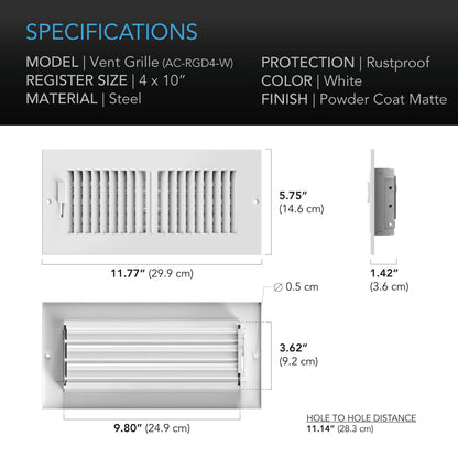 AC Infinity Register Ventilation Grille 4" x 10", White - Midwest Grow LLC