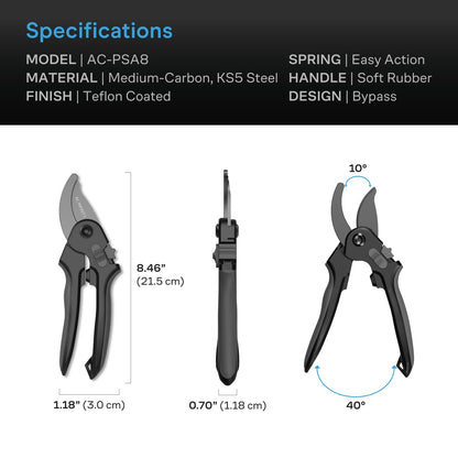 AC Infinity Stainless Steel Pruning Shear, 8" Bypass Blades