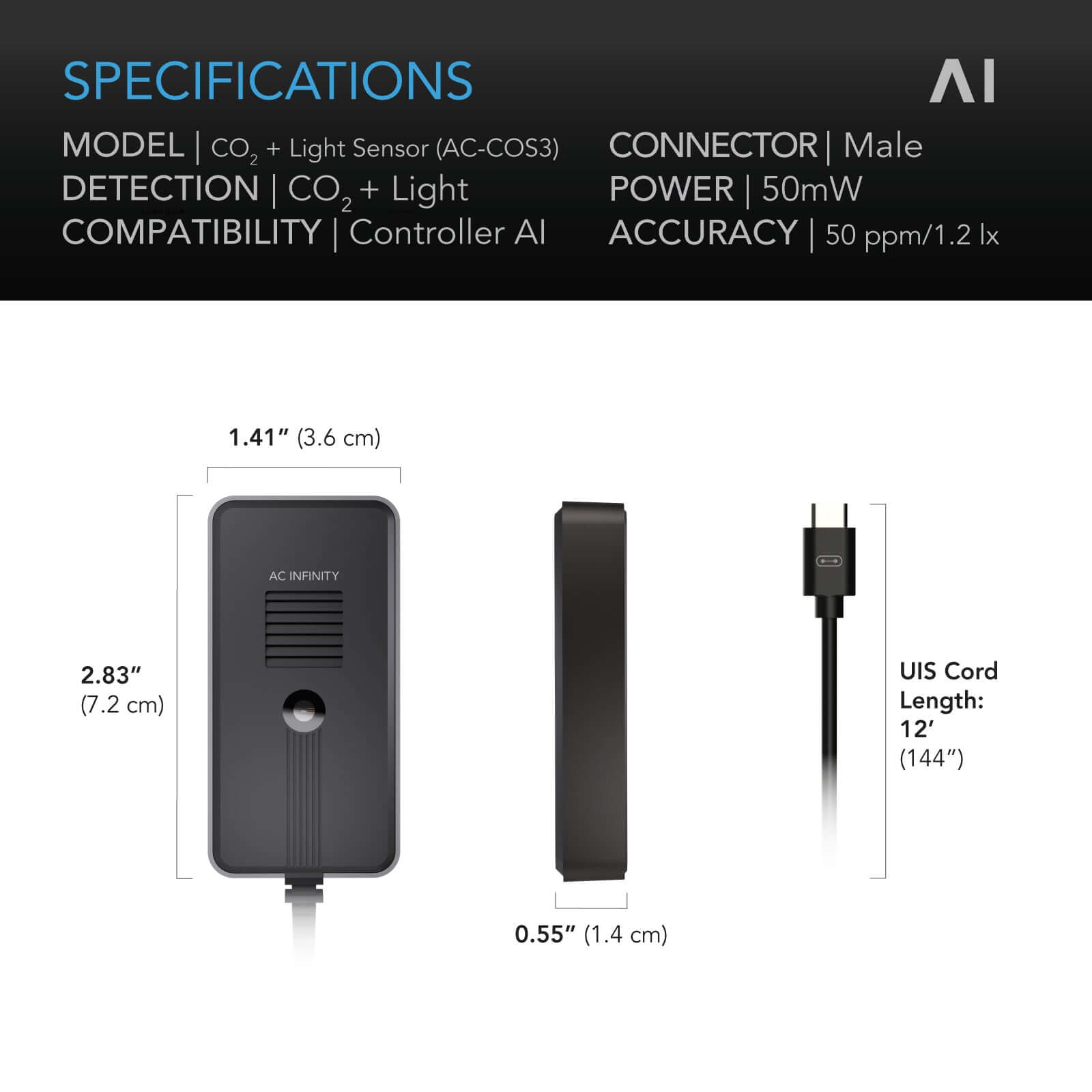 AC Infinity CO2 + Light Sensor for Controller AI+, CO2 Data Tracking, Optimized FAE, Day & Night Scheduling, Enables Equipment Control Programming - Midwest Grow LLC