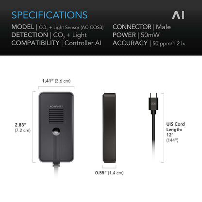 AC Infinity CO2 + Light Sensor for Controller AI+, CO2 Data Tracking, Optimized FAE, Day & Night Scheduling, Enables Equipment Control Programming - Midwest Grow LLC