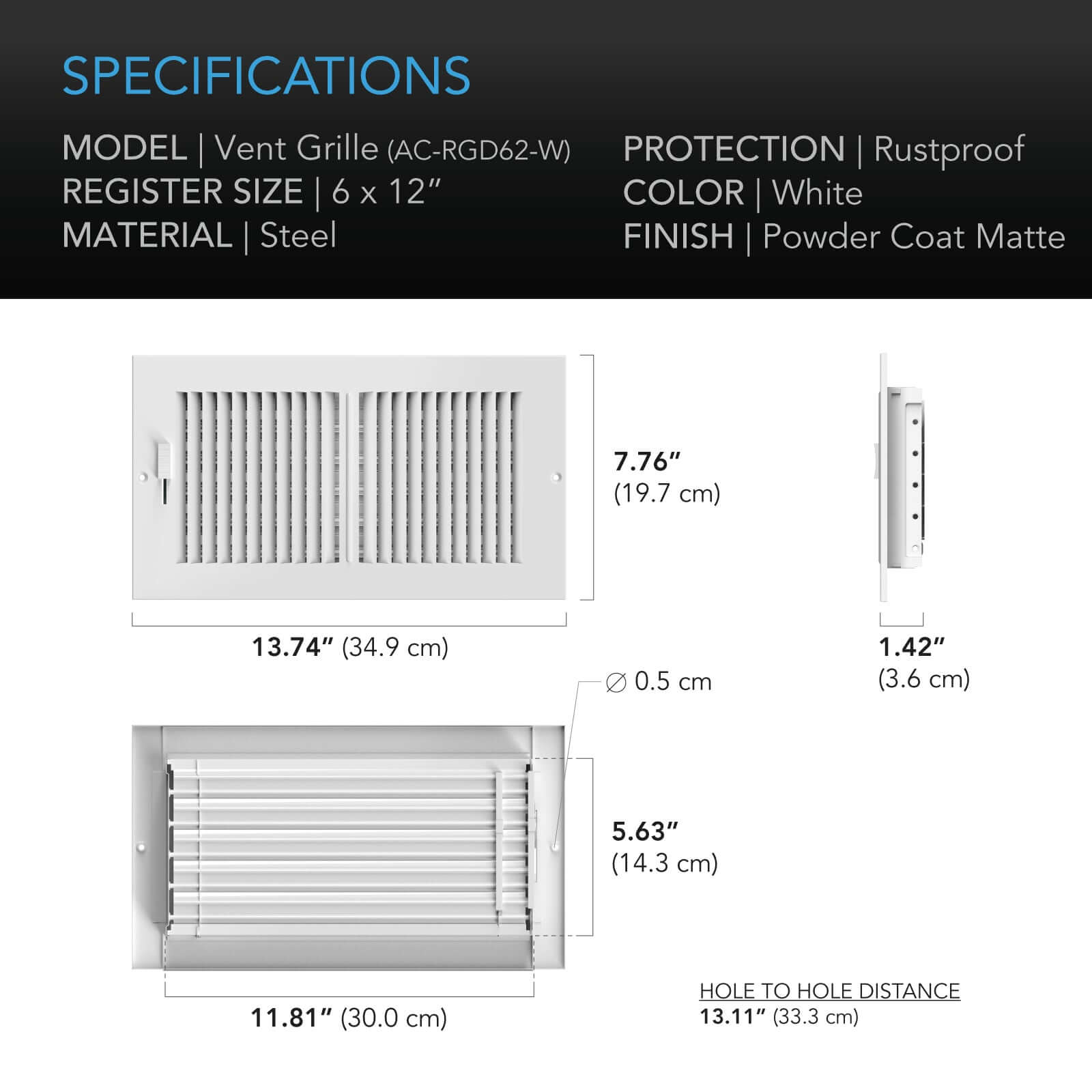 AC Infinity Register Ventilation Grille 6" x 12", White - Midwest Grow LLC