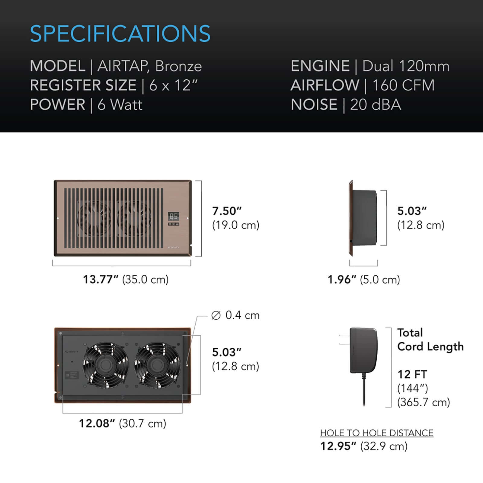 AC Infinity AIRTAP T6, Quiet Register Booster Fan System, Bronze, for 6" x 12" Registers - Midwest Grow LLC