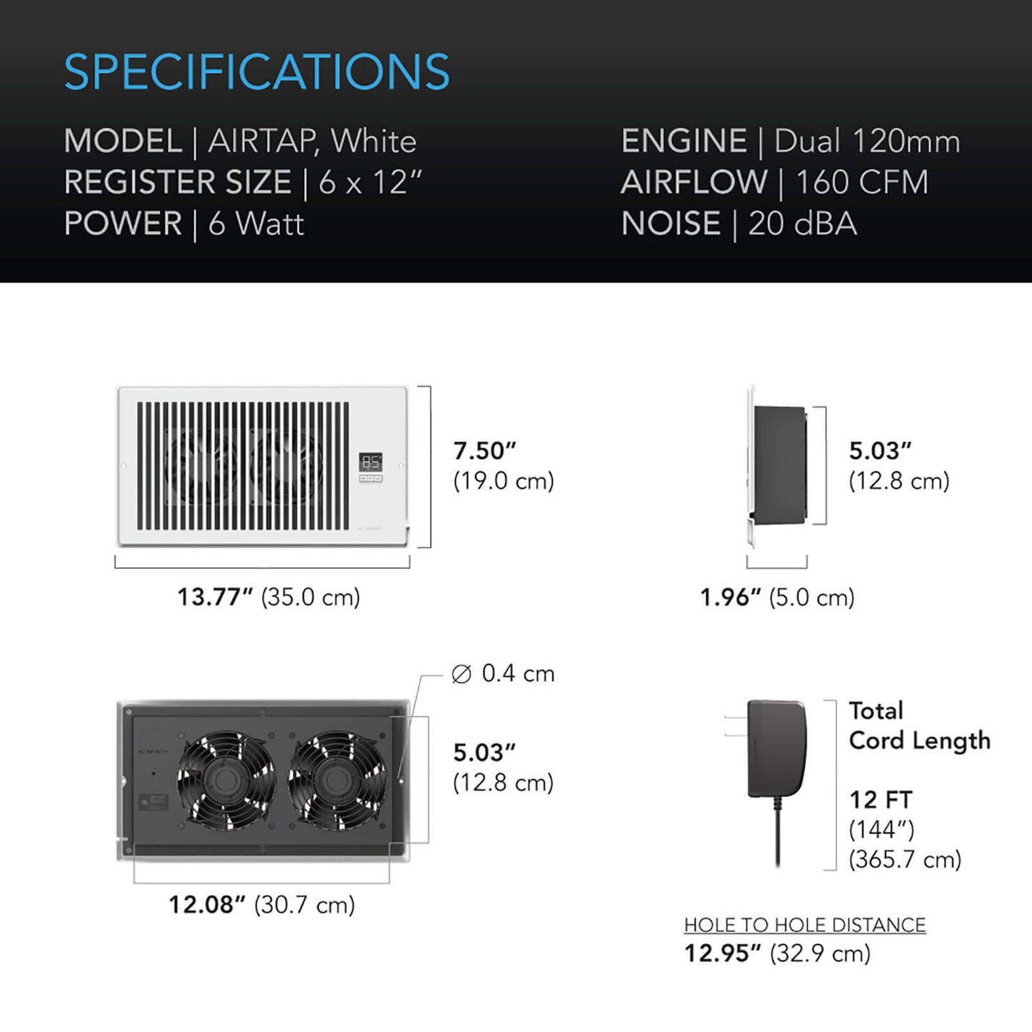 AC Infinity AIRTAP T6, Quiet Register Booster Fan System, White, for 6" x 12" Registers - Midwest Grow LLC