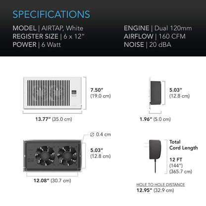 AC Infinity AIRTAP T6, Quiet Register Booster Fan System, White, for 6" x 12" Registers - Midwest Grow LLC