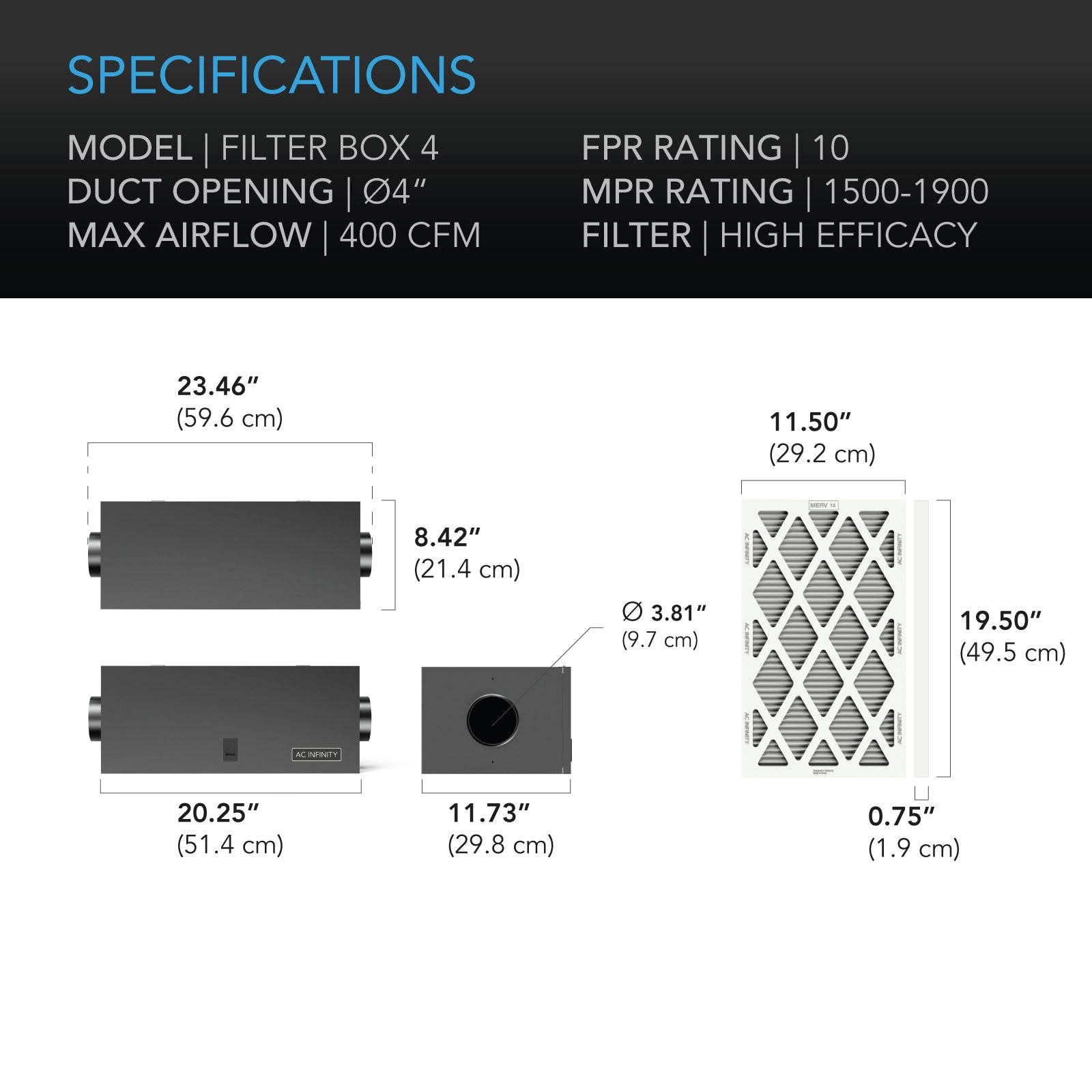 AC Infinity Air Filter Box with High Efficacy Filter, 4-Inch - Midwest Grow LLC