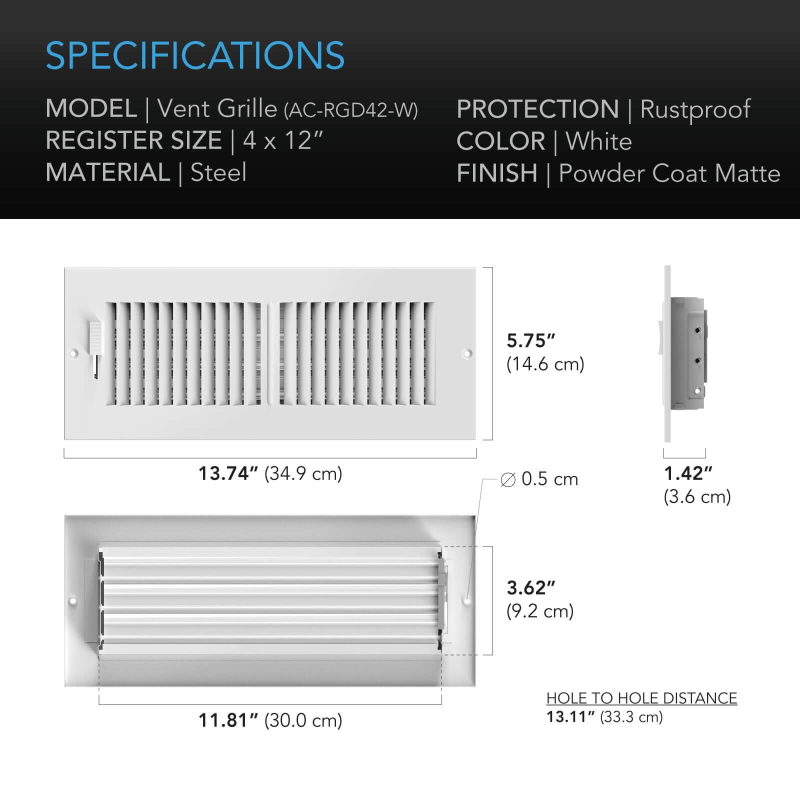 AC Infinity Register Ventilation Grille 4" x 12", White - Midwest Grow LLC