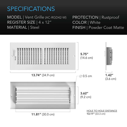 AC Infinity Register Ventilation Grille 4" x 12", White - Midwest Grow LLC