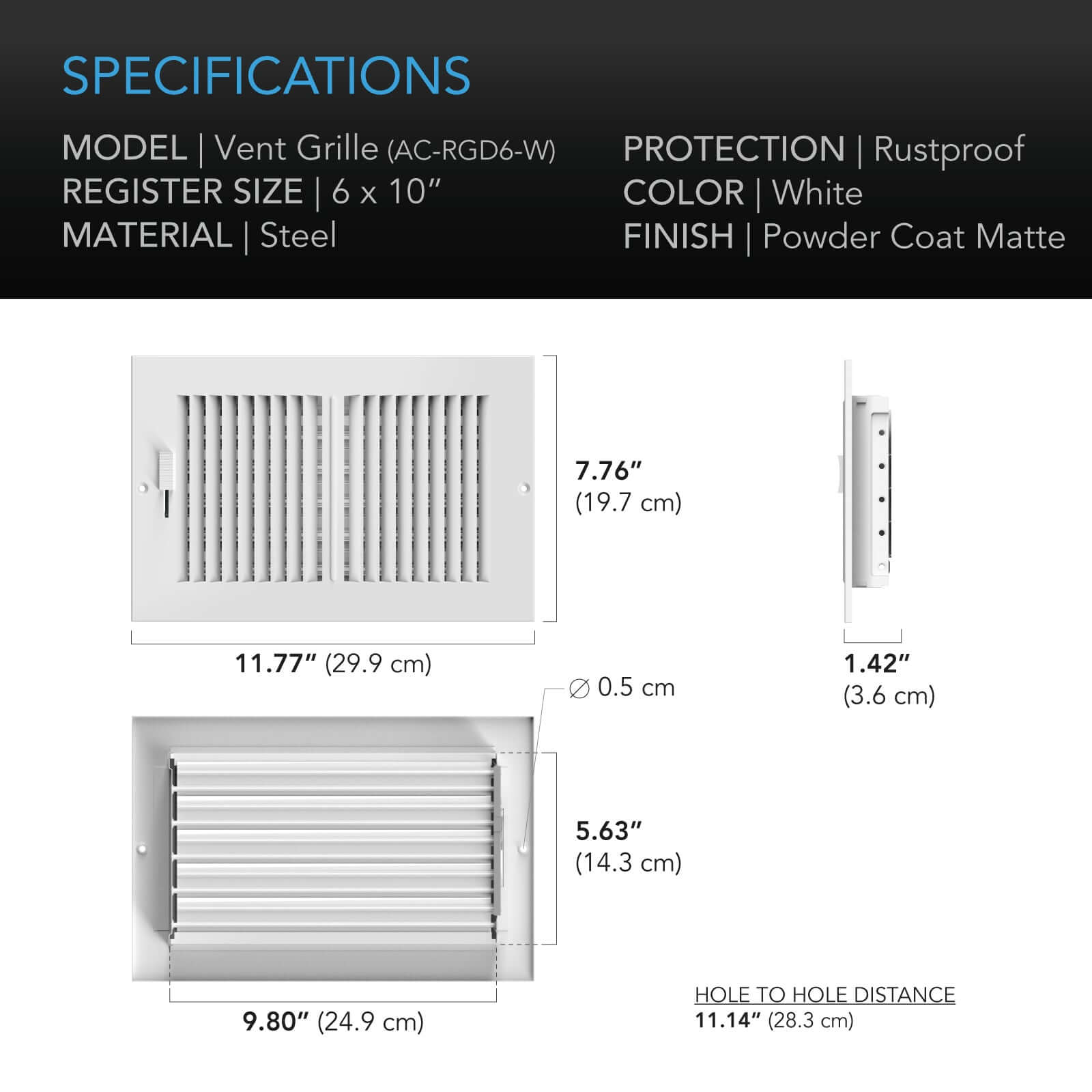 AC Infinity Register Ventilation Grille 6" x 10", White - Midwest Grow LLC