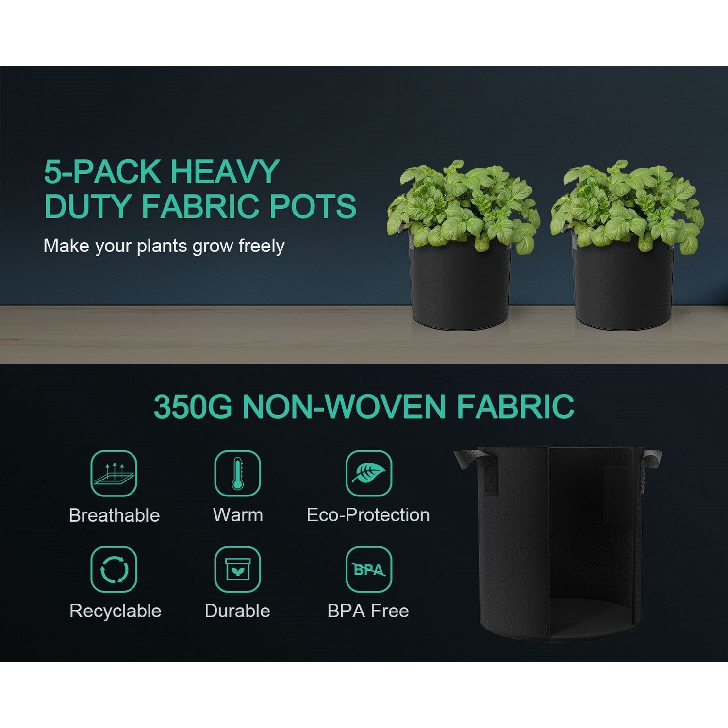 Mars Hydro 5 Gallon Black Fabric Grow Bag with Handles - 5-Pack - Midwest Grow LLC