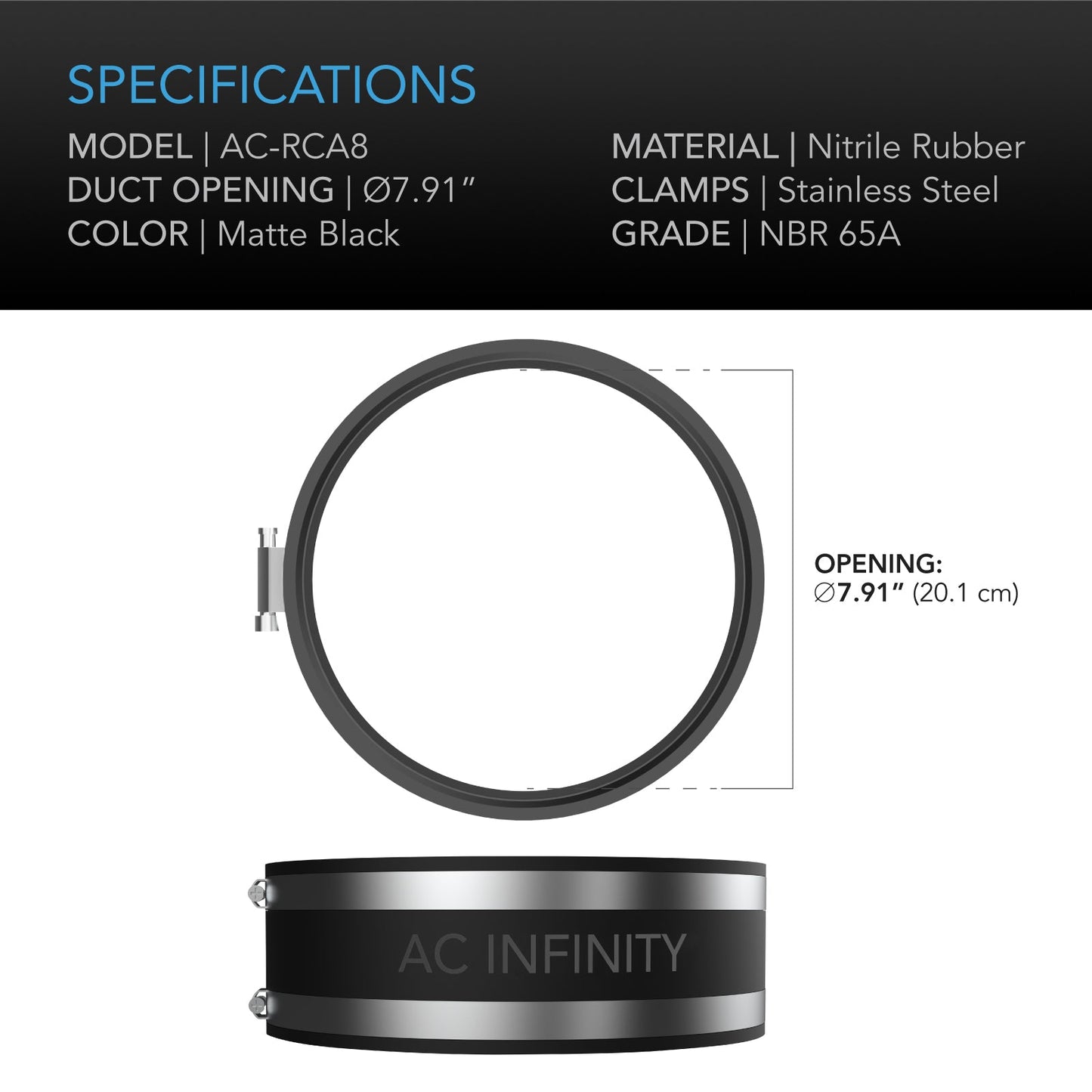 AC Infinity Noise Reduction Clamp, Duct Coupler with Stainless Steel Clamps, 8-Inch - Midwest Grow LLC