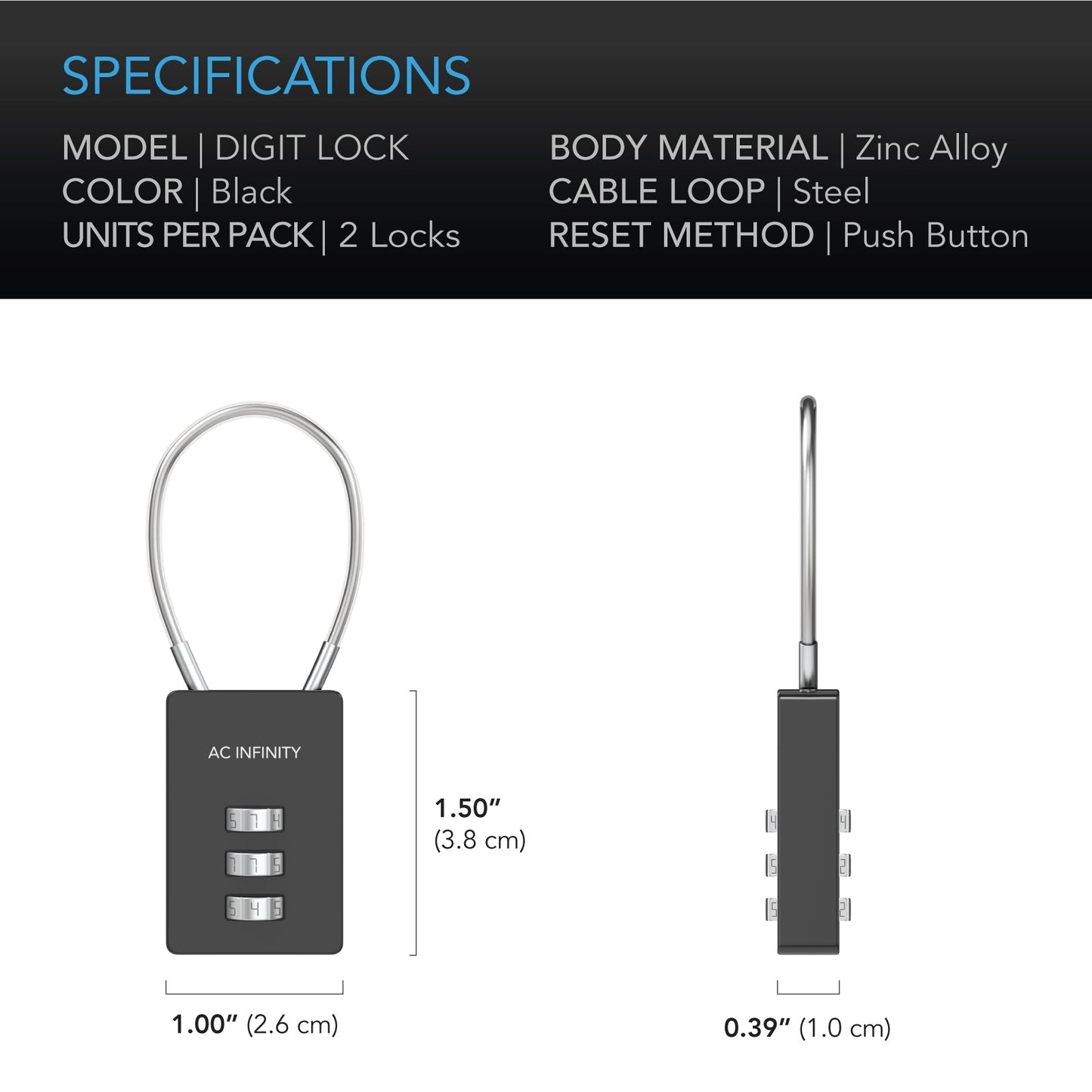 AC Infinity Combination Lock, Flexible Steel Cable Loop, 2-Pack - Midwest Grow LLC