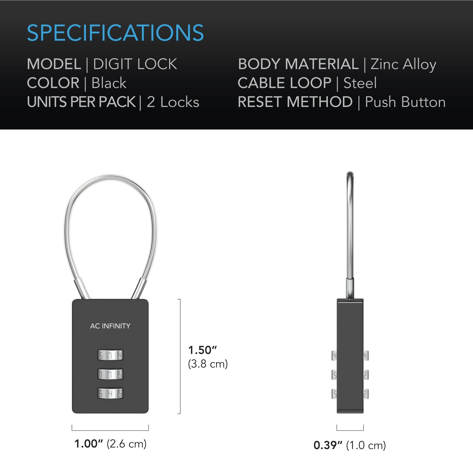 AC Infinity Combination Lock, Flexible Steel Cable Loop, 2-Pack - Midwest Grow LLC
