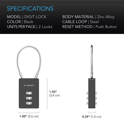 AC Infinity Combination Lock, Flexible Steel Cable Loop, 2-Pack - Midwest Grow LLC