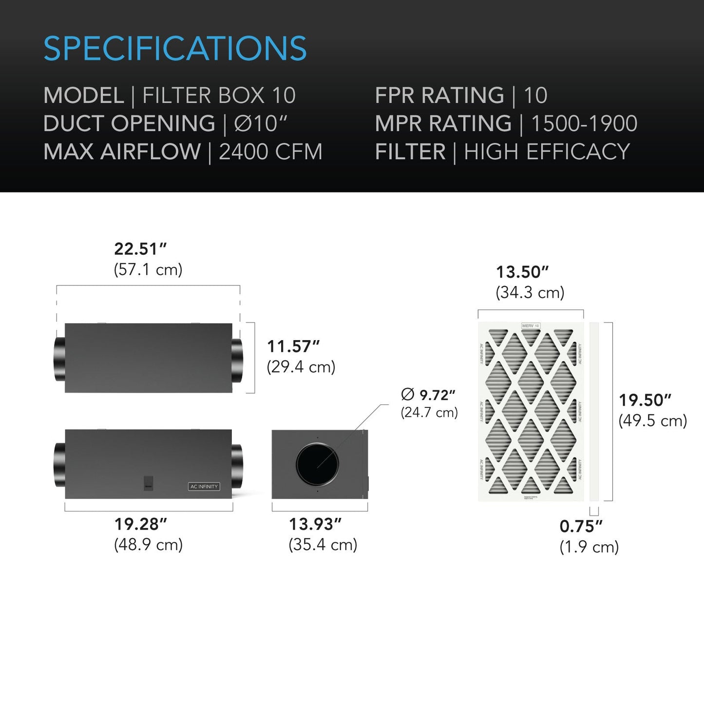 AC Infinity Air Filter Box with High Efficacy Filter, 10-Inch - Midwest Grow LLC