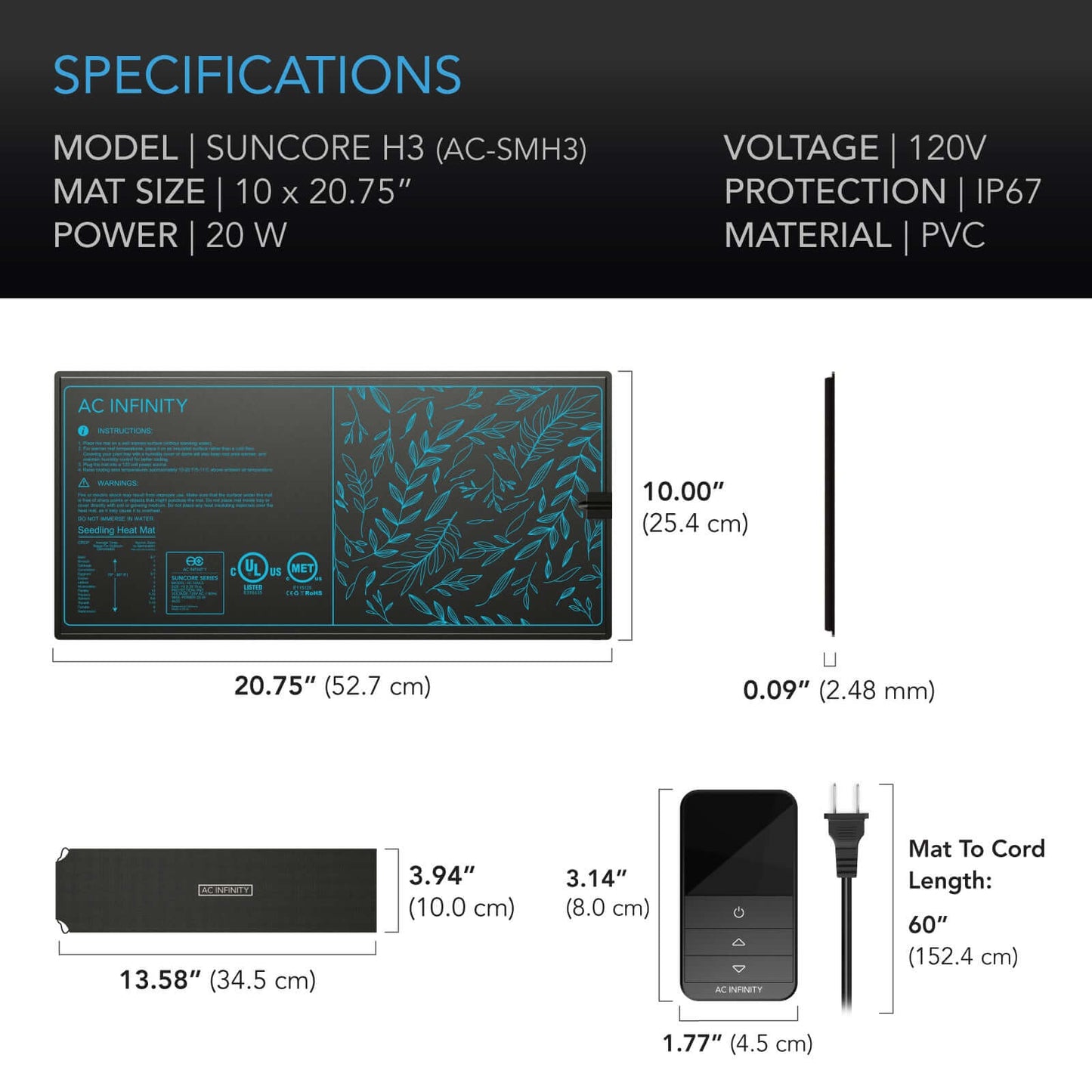 AC Infinity SUNCORE H3, Seedling Heat Mat with Heat Controller, IP-67 Waterproof, 10" x 20.75" - Midwest Grow LLC