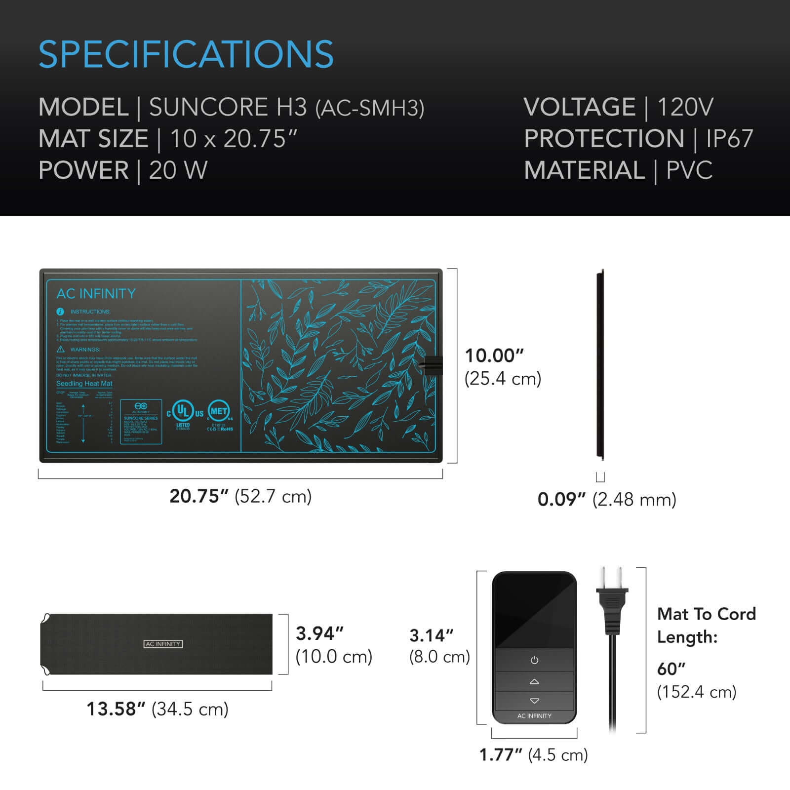 AC Infinity SUNCORE H3, Seedling Heat Mat with Heat Controller, IP-67 Waterproof, 10" x 20.75" - Midwest Grow LLC