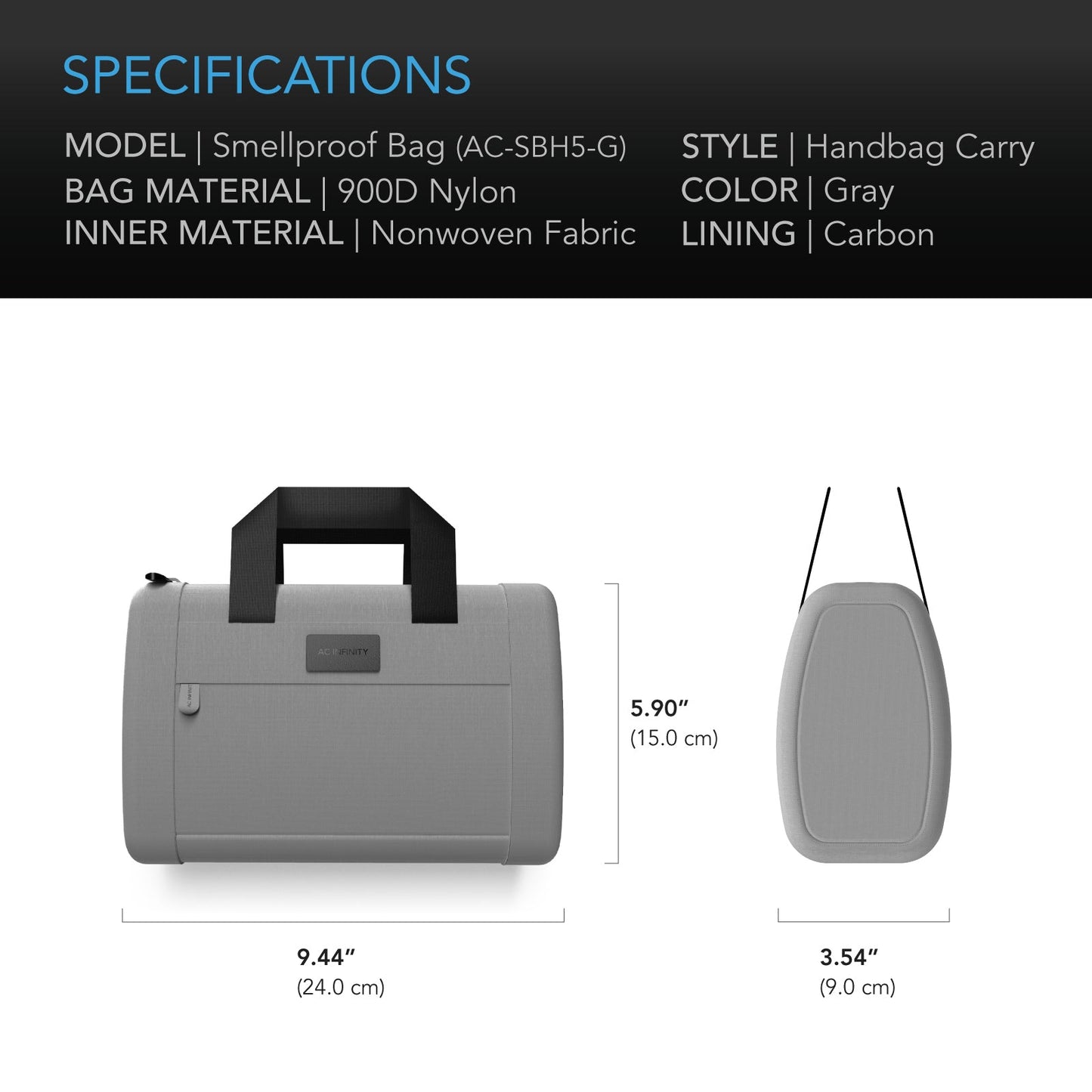 AC Infinity Smell Proof Handbag, Gray, with 900D Nylon Fabric and Carbon Filter Lining - Midwest Grow LLC