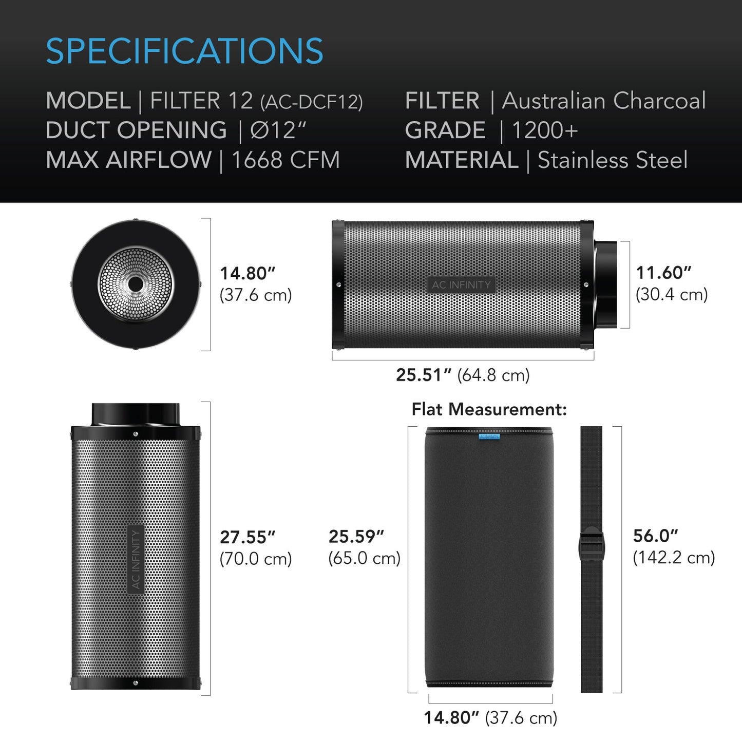 AC Infinity Duct Carbon Filter, Australian Charcoal, 12-Inch - Midwest Grow LLC