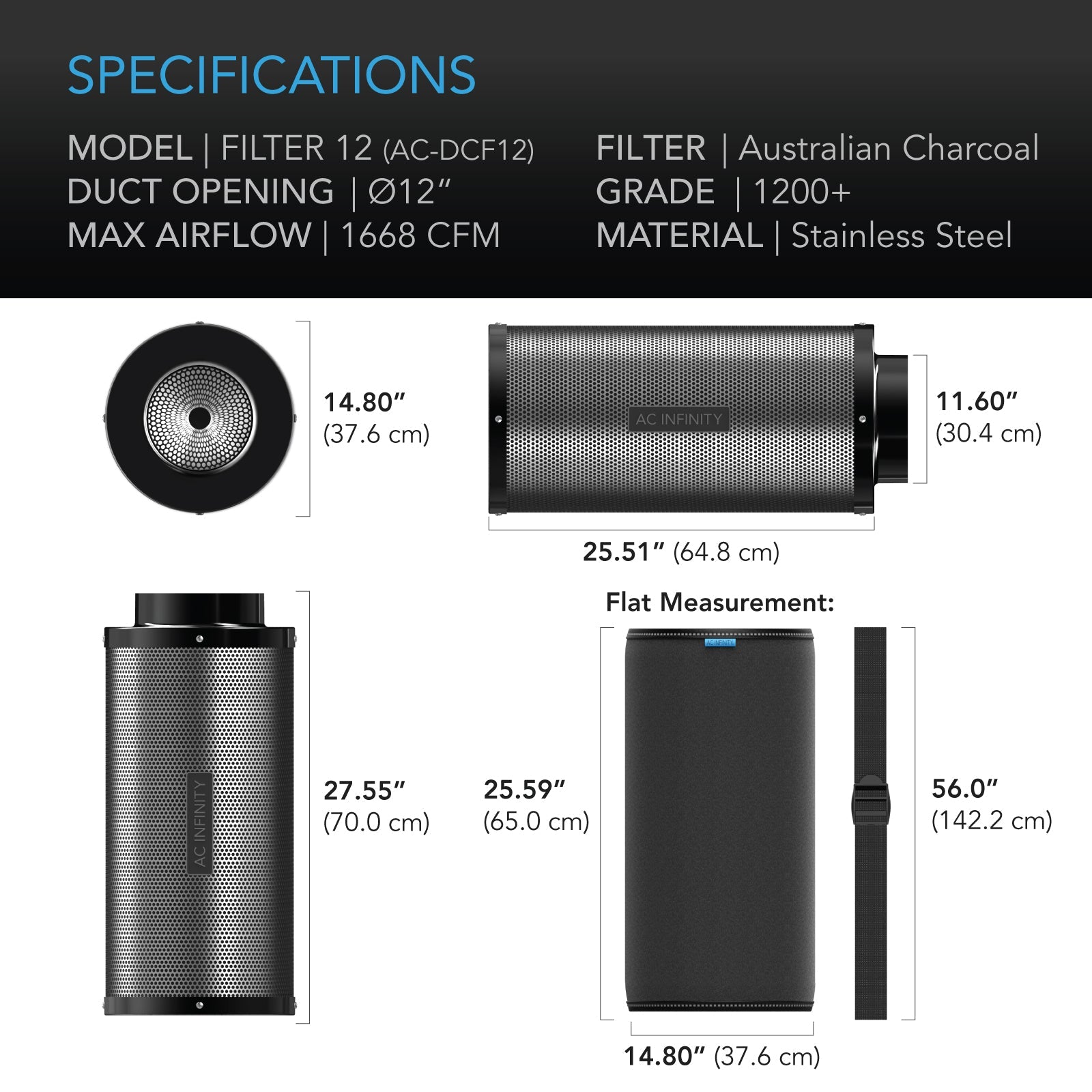 AC Infinity Duct Carbon Filter, Australian Charcoal, 12-Inch - Midwest Grow LLC