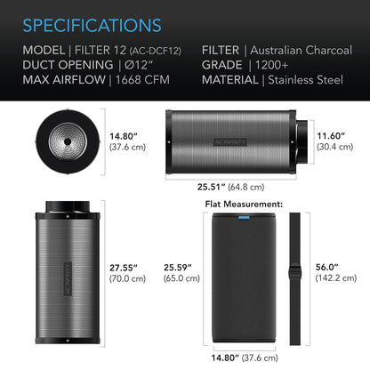 AC Infinity Duct Carbon Filter, Australian Charcoal, 12-Inch - Midwest Grow LLC