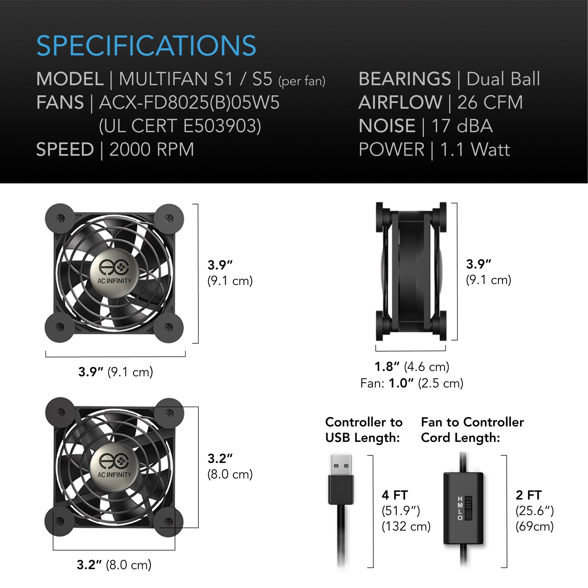 AC Infinity MULTIFAN S1, Quiet USB Cooling Fan, 80mm - Midwest Grow LLC