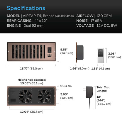 AC Infinity AIRTAP T4, Quiet Register Booster Fan System, Brown Bronze, for 4" x 12" Registers - Midwest Grow LLC