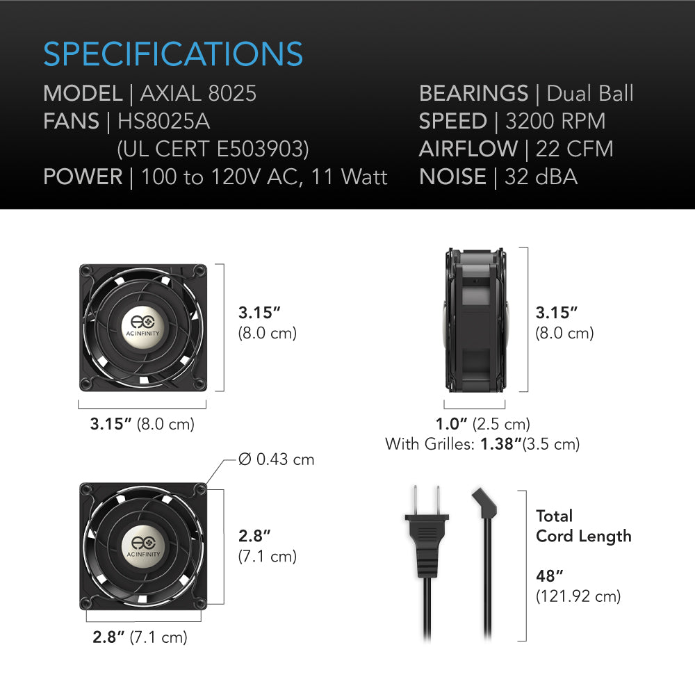 AC Infinity AXIAL 8025, Muffin 120V AC Cooling Fan, 80mm x 80mm x 25mm - Midwest Grow LLC