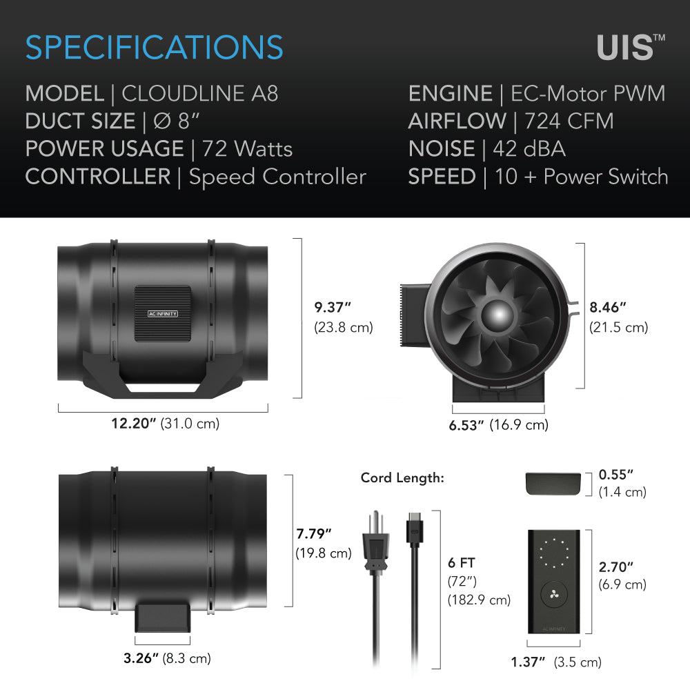 AC Infinity CLOUDLINE LITE A8, Quiet Inline Fan with Speed Controller, 8-Inch - Midwest Grow LLC