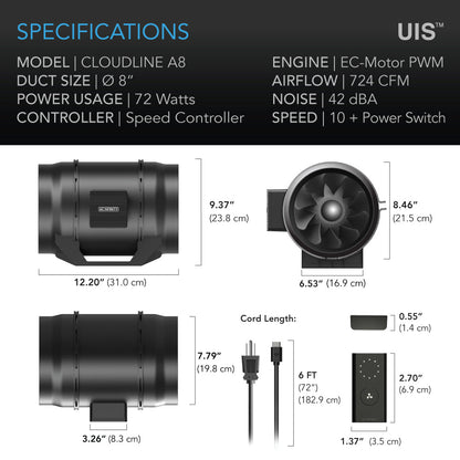 AC Infinity CLOUDLINE LITE A8, Quiet Inline Fan with Speed Controller, 8-Inch - Midwest Grow LLC