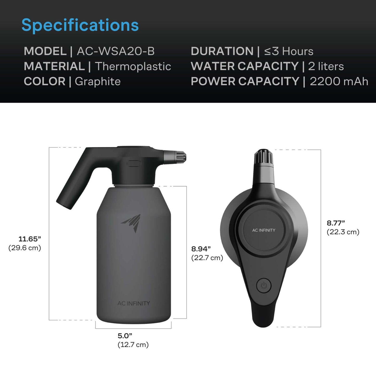 AC Infinity Automatic Water Sprayer, 2-Liter Electric Mister, Graphite - Midwest Grow LLC