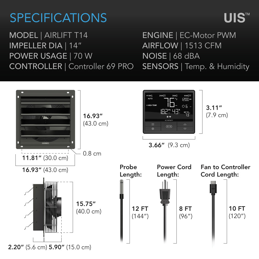 AC Infinity AIRLIFT T14, Shutter Exhaust Ventilation Fan 14", Temperature Humidity Controller