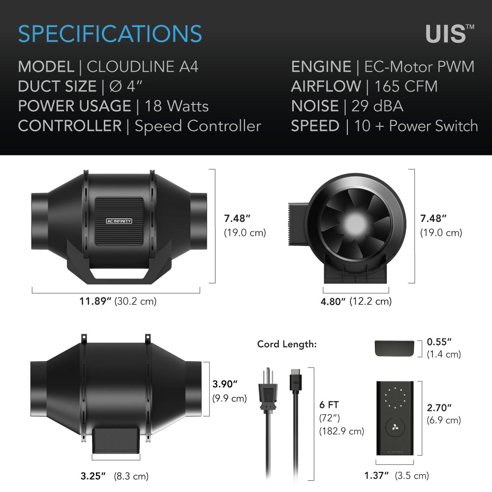 AC Infinity CLOUDLINE LITE A4, Quiet Inline Fan with Speed Controller, 4-Inch - Midwest Grow LLC