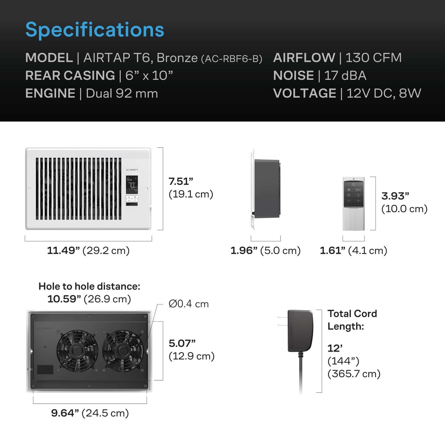 AC Infinity AIRTAP T6, Quiet Register Booster Fan System, White, for 6" x 10" Registers - Midwest Grow LLC
