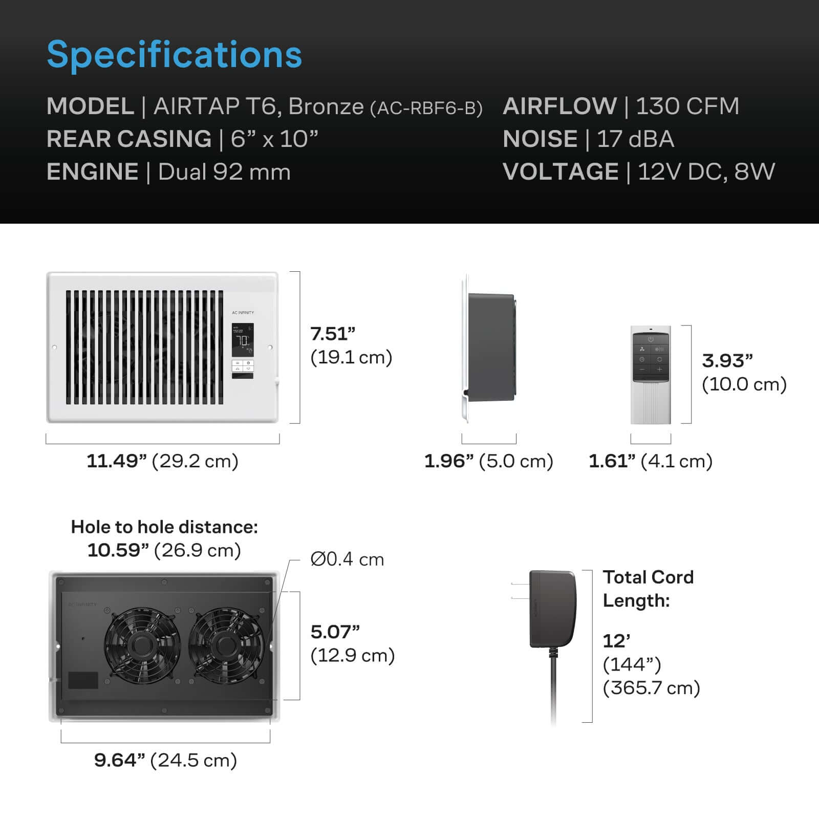 AC Infinity AIRTAP T6, Quiet Register Booster Fan System, White, for 6" x 10" Registers - Midwest Grow LLC