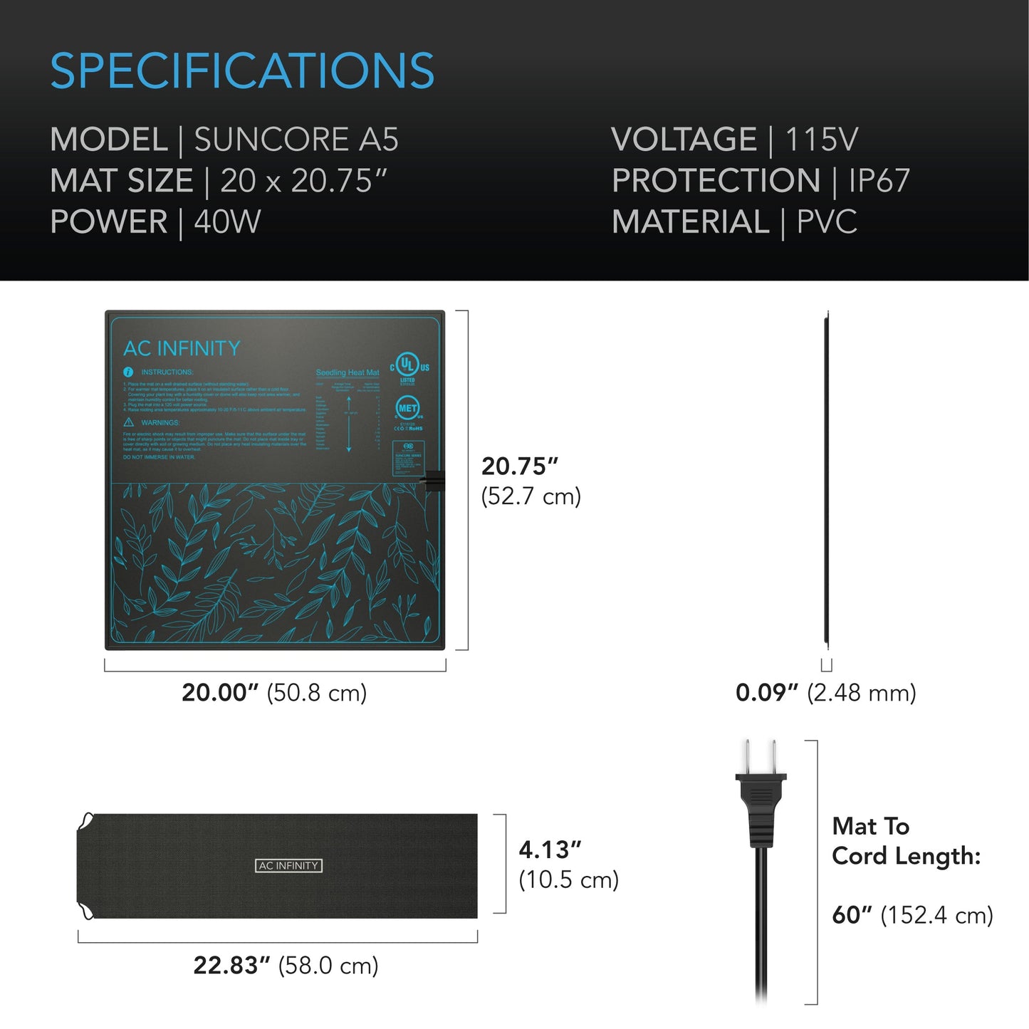 AC Infinity SUNCORE A5, Seedling Heat Mat, IP-67 Waterproof, 20" x 20.75" - Midwest Grow LLC