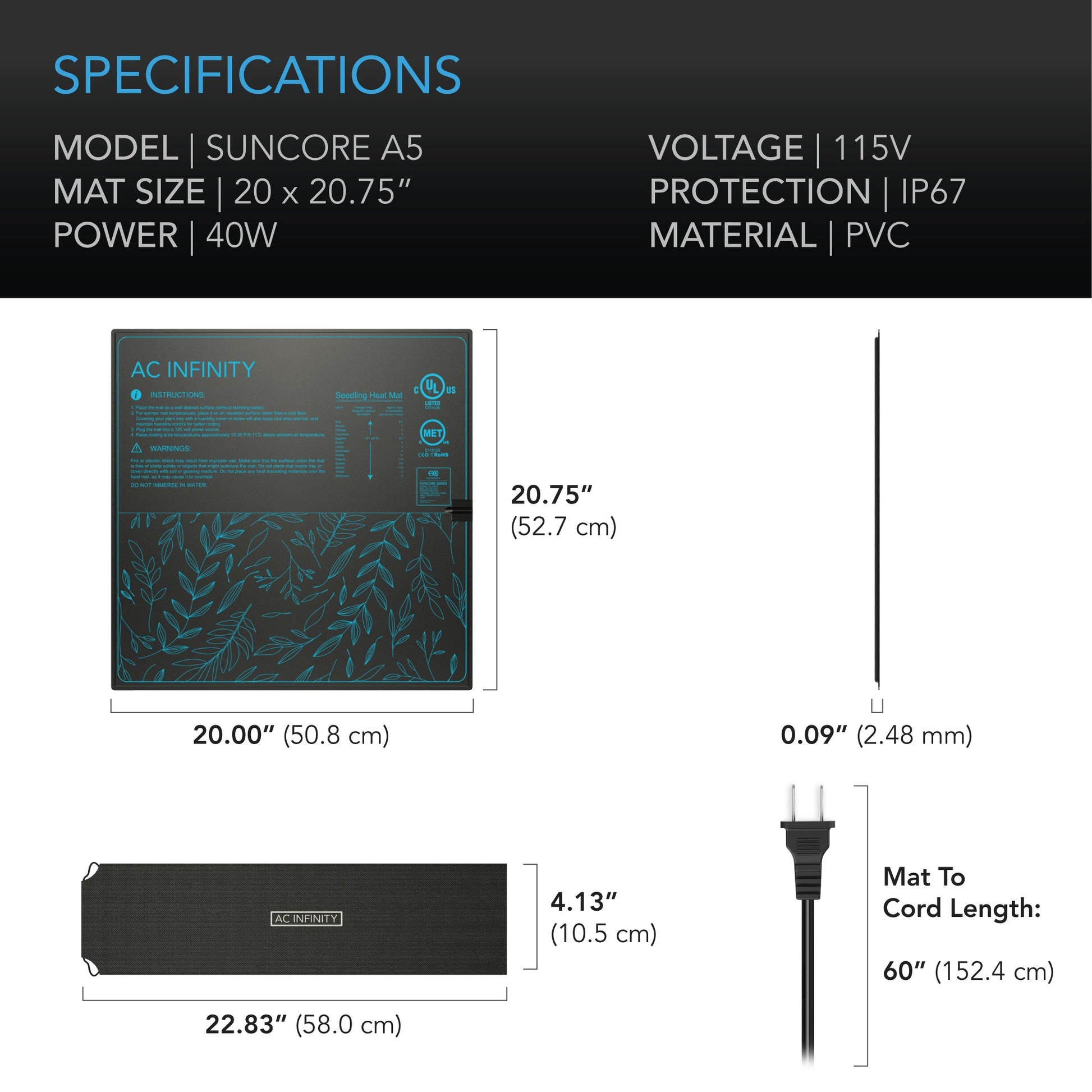AC Infinity SUNCORE A5, Seedling Heat Mat, IP-67 Waterproof, 20" x 20.75" - Midwest Grow LLC
