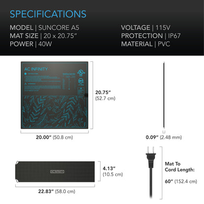 AC Infinity SUNCORE A5, Seedling Heat Mat, IP-67 Waterproof, 20" x 20.75" - Midwest Grow LLC