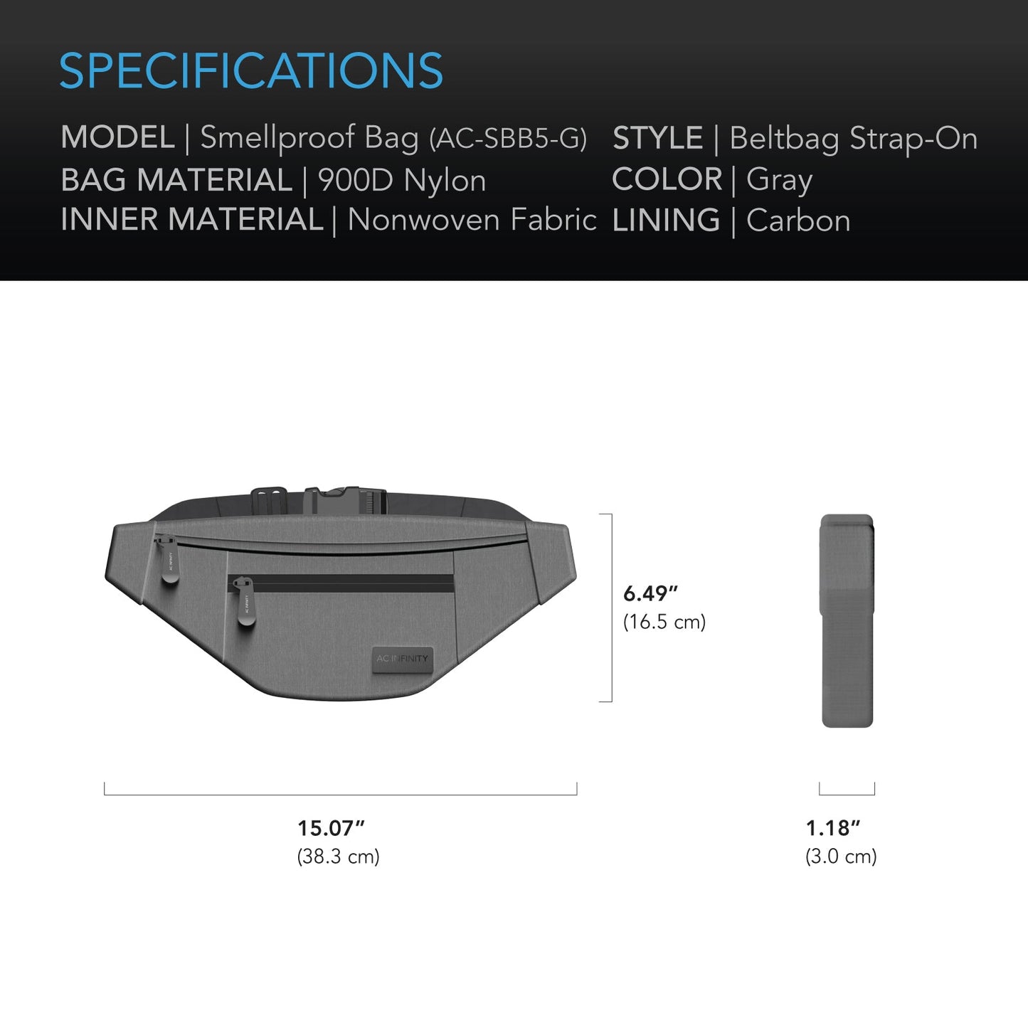 AC Infinity Smell Proof Belt Bag, Gray, with 900D Nylon Fabric and Carbon Filter Lining