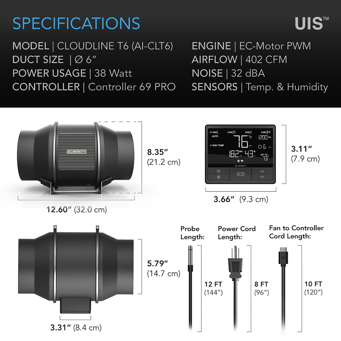 AC Infinity CLOUDLINE T6, Quiet Inline Duct Fan System with Temperature and Humidity Controller, 6-Inch - Midwest Grow LLC