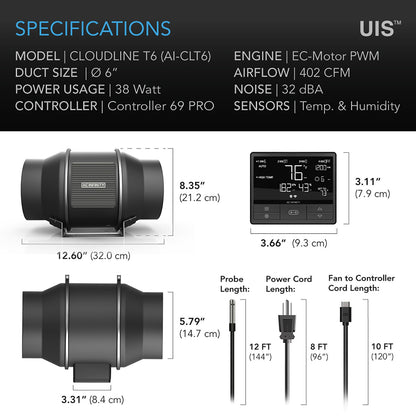 AC Infinity CLOUDLINE T6, Quiet Inline Duct Fan System with Temperature and Humidity Controller, 6-Inch - Midwest Grow LLC