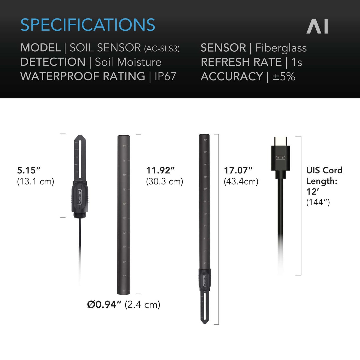 AC Infinity Soil Sensor Probe Exclusively for Controller AI+, Monitors Moisture and Saturation Levels, IP67-Water Resistant - Midwest Grow LLC